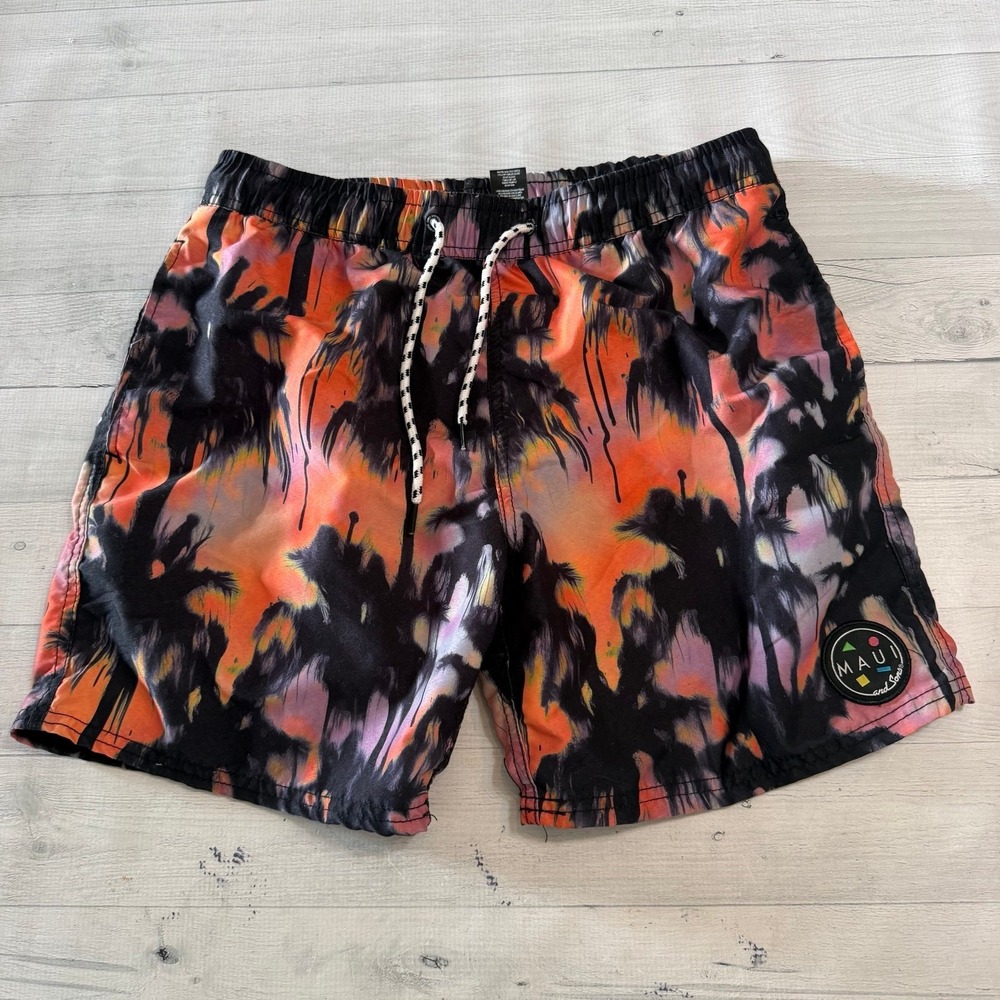 Maui & Sons men's orange purple sunset palm tree swim trunks medium